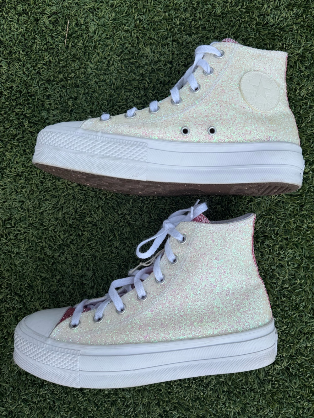 Converse All Star Pink and White Glitter High-Top Platform Sneakers - Picture 3 of 8